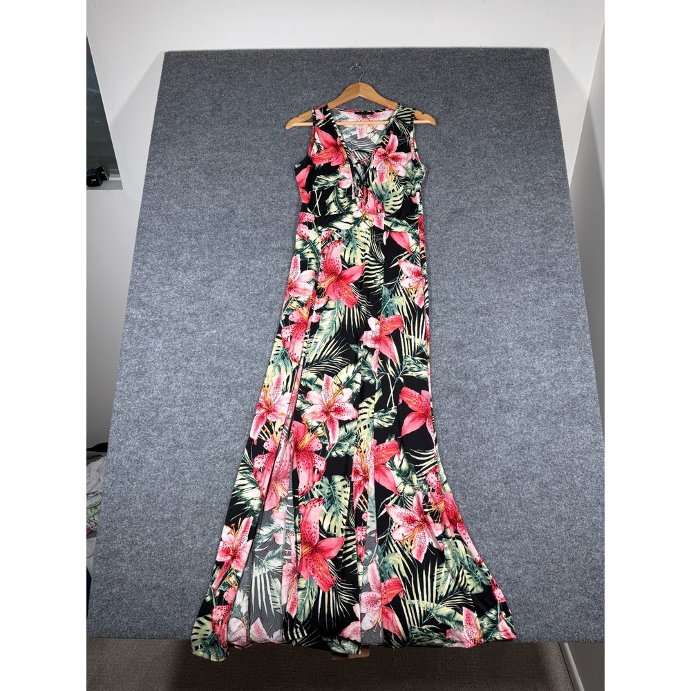 IRIS Botanical Maxi Dress Womens Large Multi Floral Tropical Lined Lace Up Neck